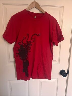 Red Short Sleeve Tee with Black Abstract Exploding Head Graphic